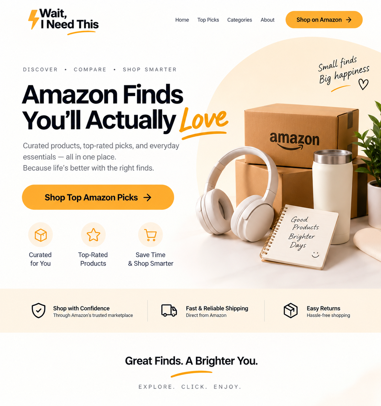 Curated Amazon finds composition with headphones, tumbler, notebook, and delivery boxes