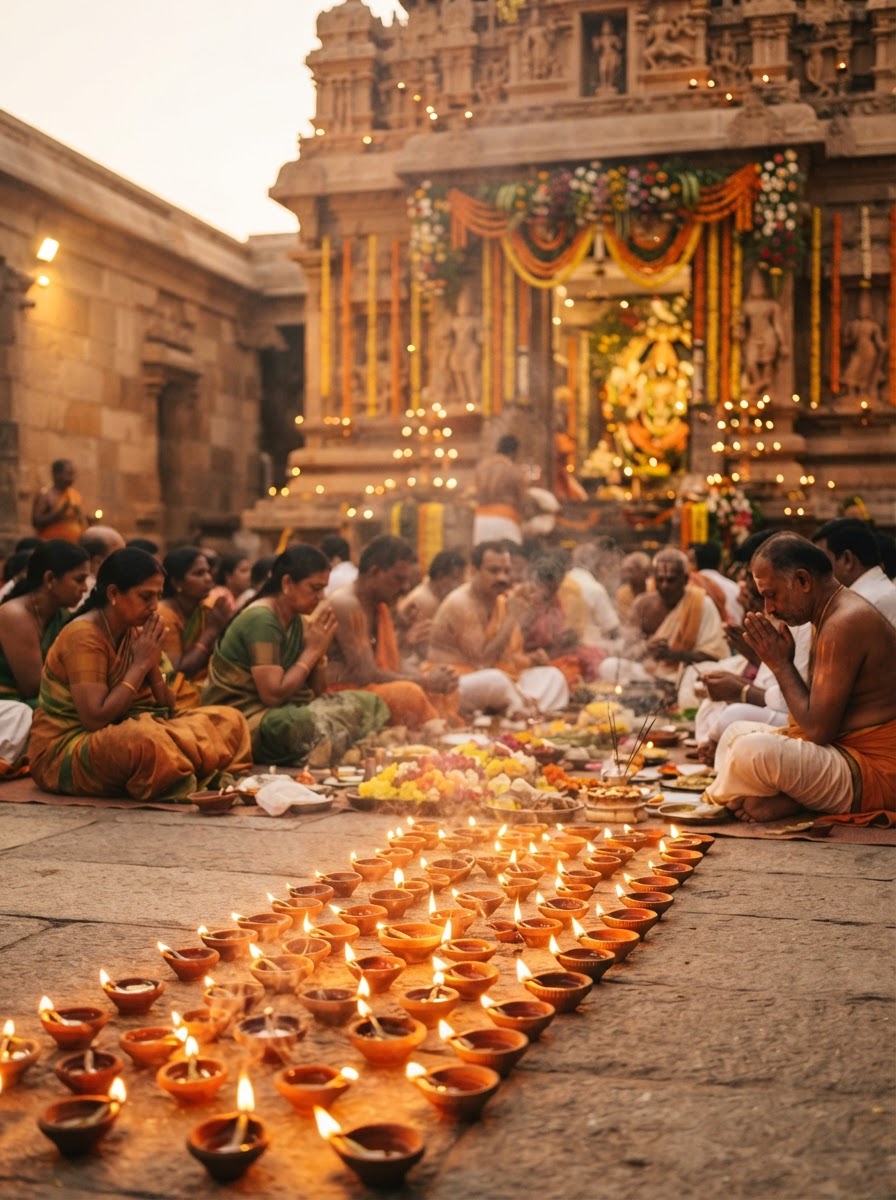 Community prayer hall with ceremonial lamps and flowers