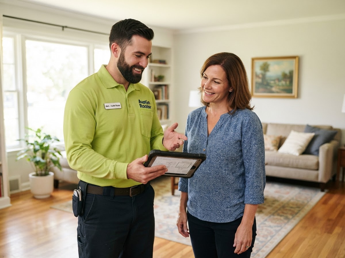 Friendly Austin Rooter plumber with a dark beard wearing a lime green long-sleeve polo explaining service options to a homeowner in her living room