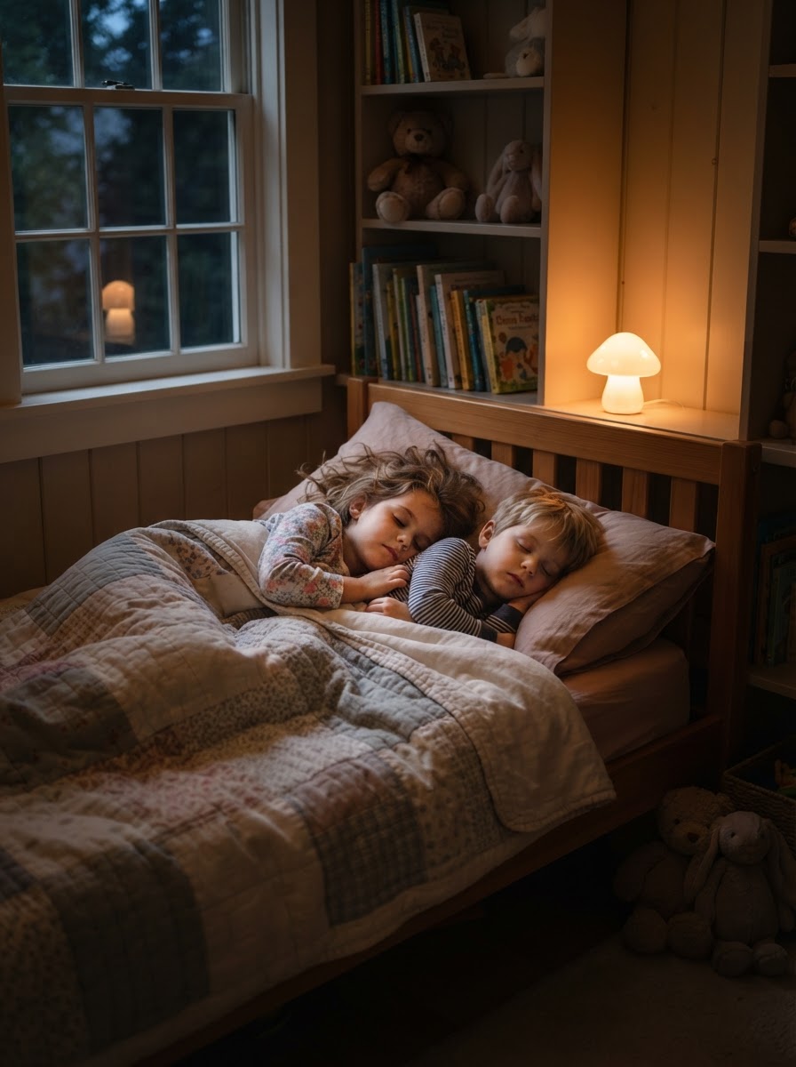 Children sleeping peacefully in a safe bedroom — why CO detectors must be placed below bed height