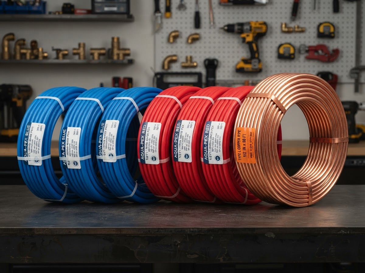 Rolls of blue and red PEX tubing and a copper pipe coil used for sleeved under-slab water supplies