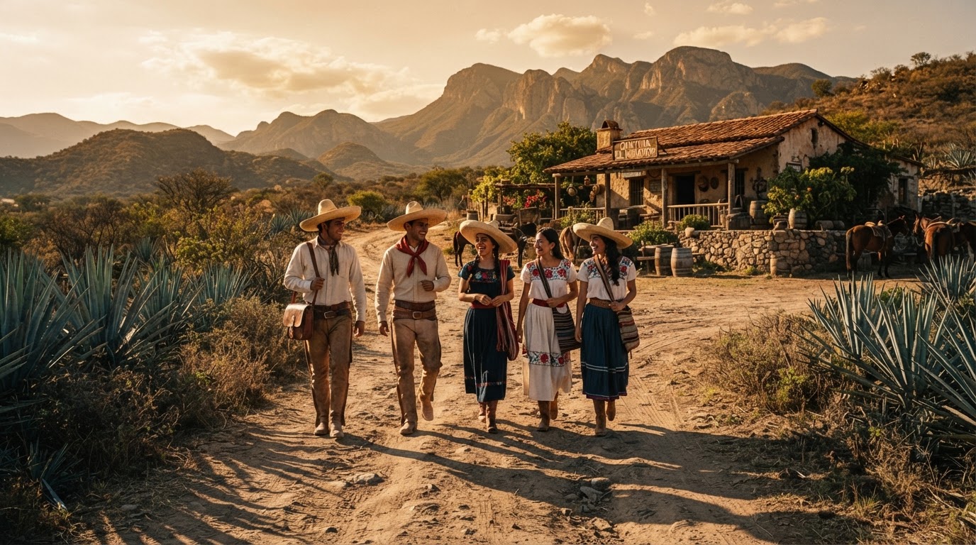 Friends walking together toward a rustic cantina along a dusty countryside road