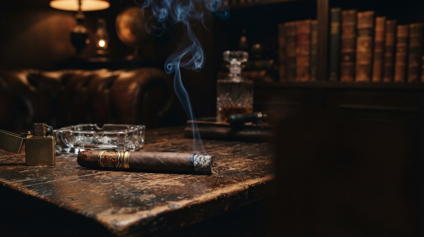 Premium cigar resting on dark walnut table with gentle rising smoke