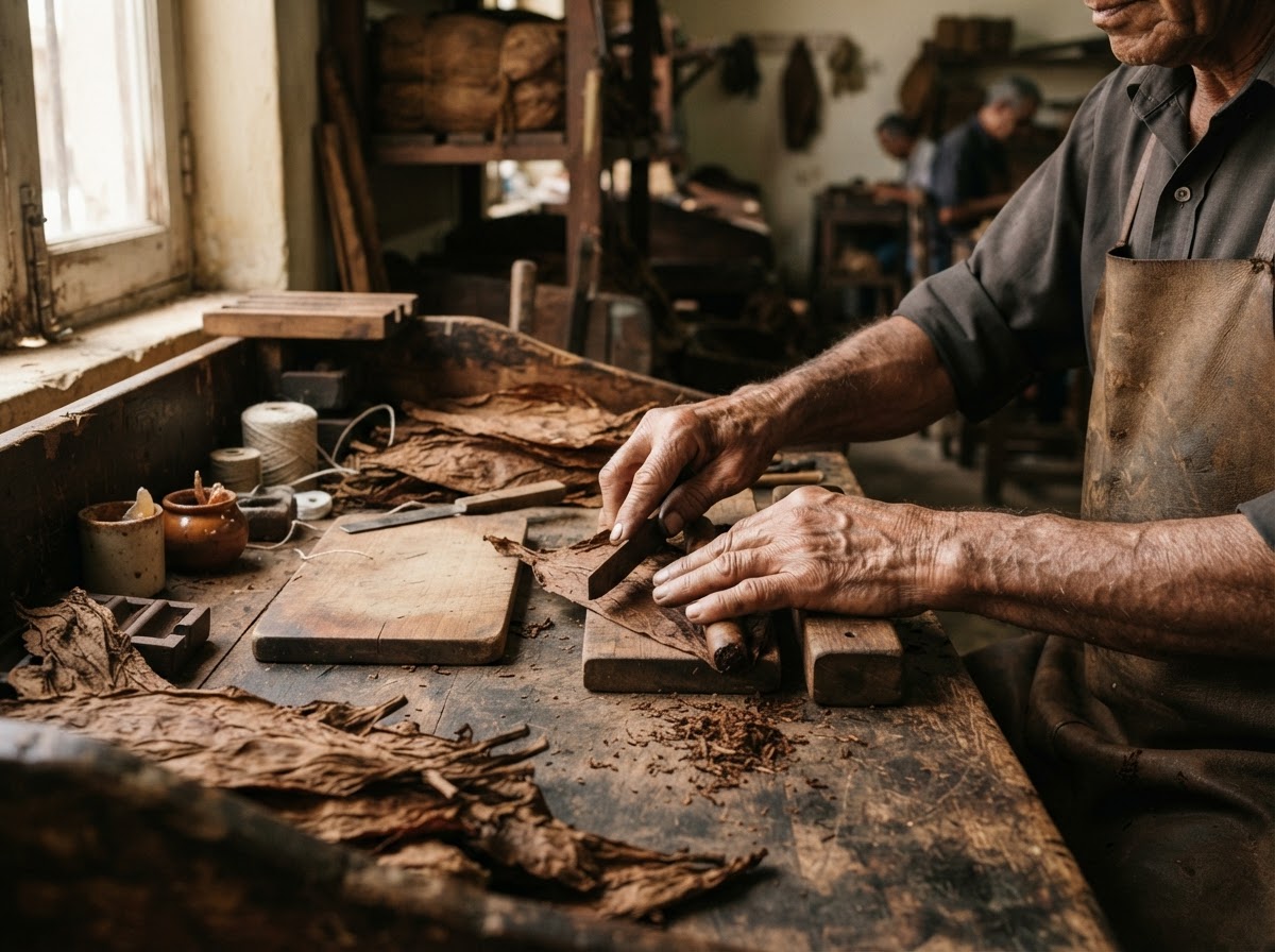 Artisan hands sorting and working with cured tobacco leaves