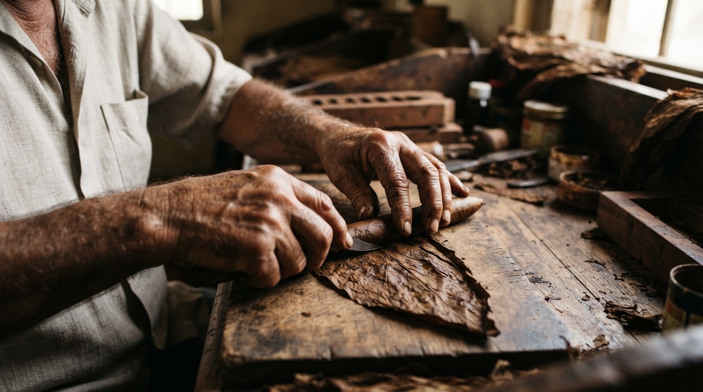 Experienced cigar maker's hands carefully rolling and shaping a premium handmade cigar