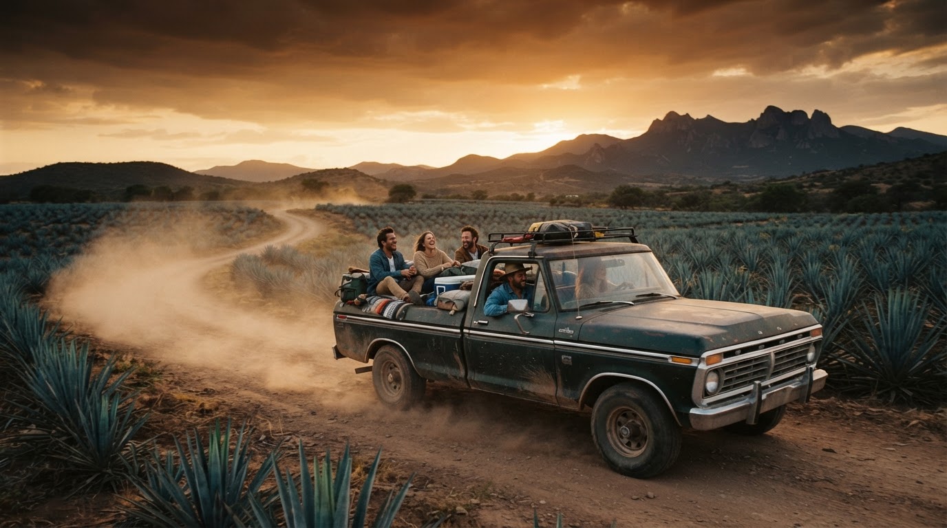 Vintage dark pickup truck traveling through agave countryside at sunset