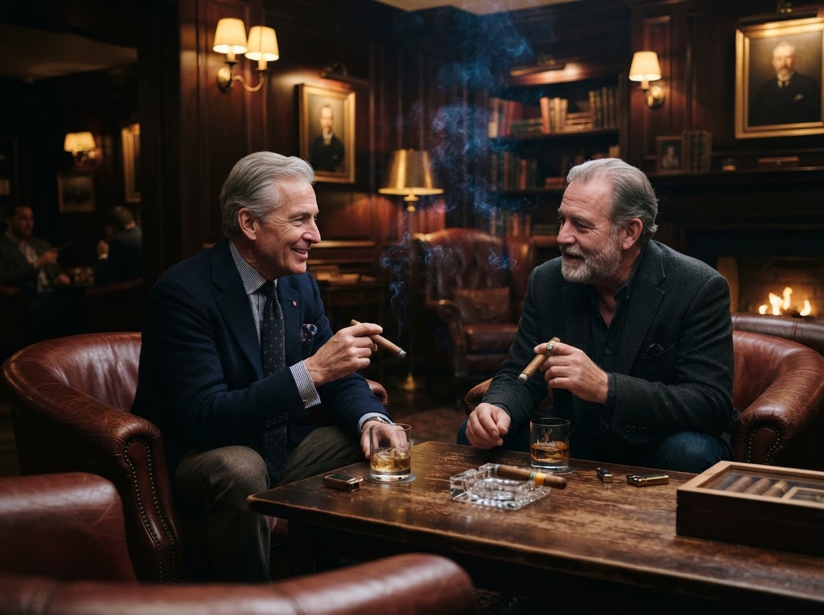 Gentlemen sharing cigars in warm lounge