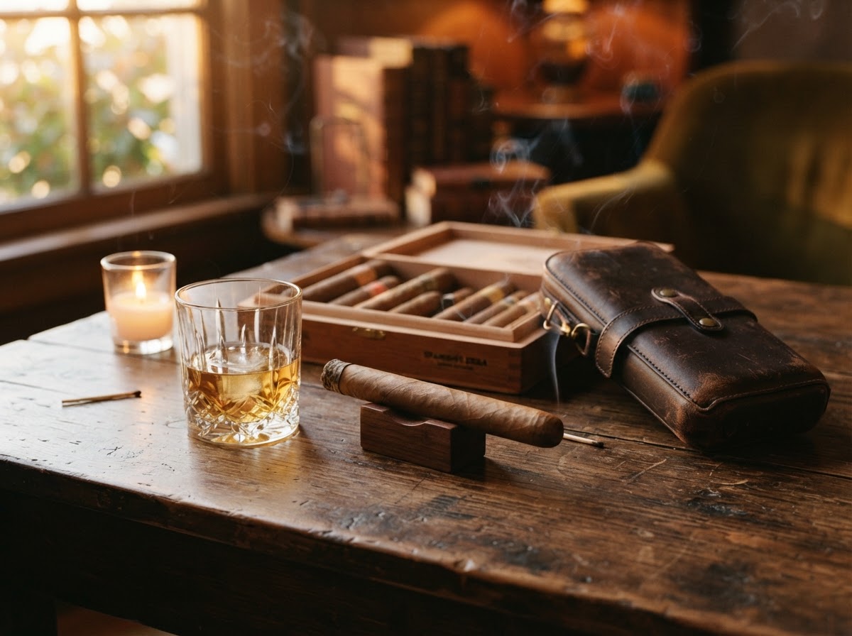 Premium cigar beside a glass of tequila on a rustic wooden table