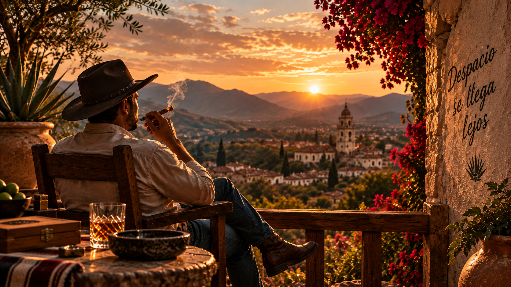 Premium cigar, tequila and leather chair in a warm rustic cantina