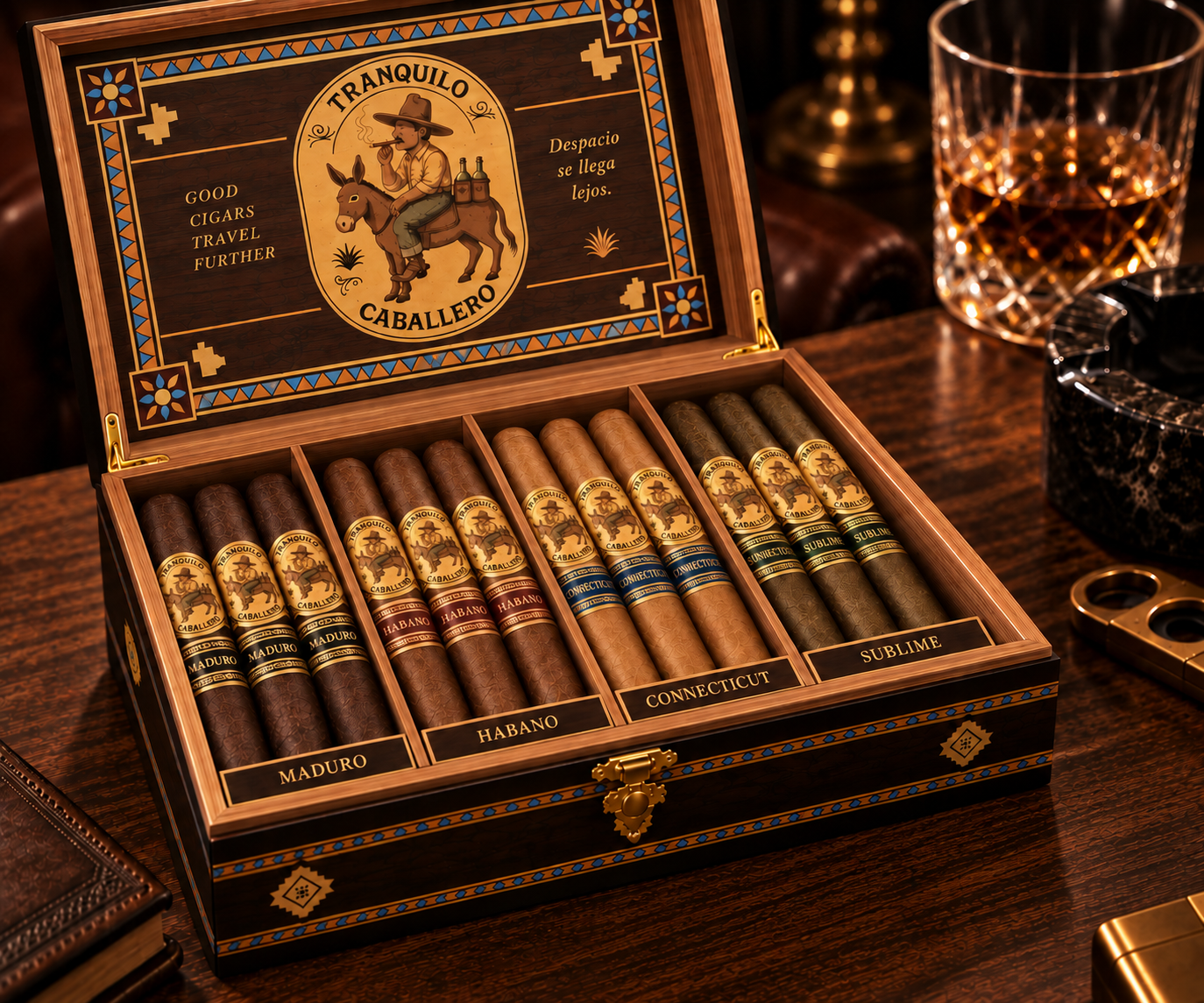 Tranquilo Caballero cedar presentation box featuring Maduro, Habano, Connecticut, and Barber Pole cigars