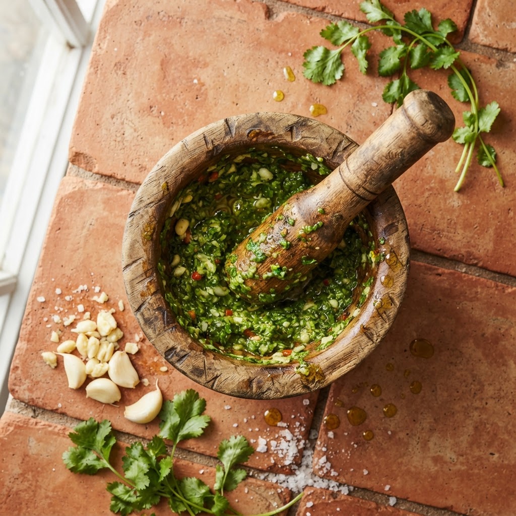 Traditional Puerto Rican pilón mortar with freshly ground sofrito and garlic
