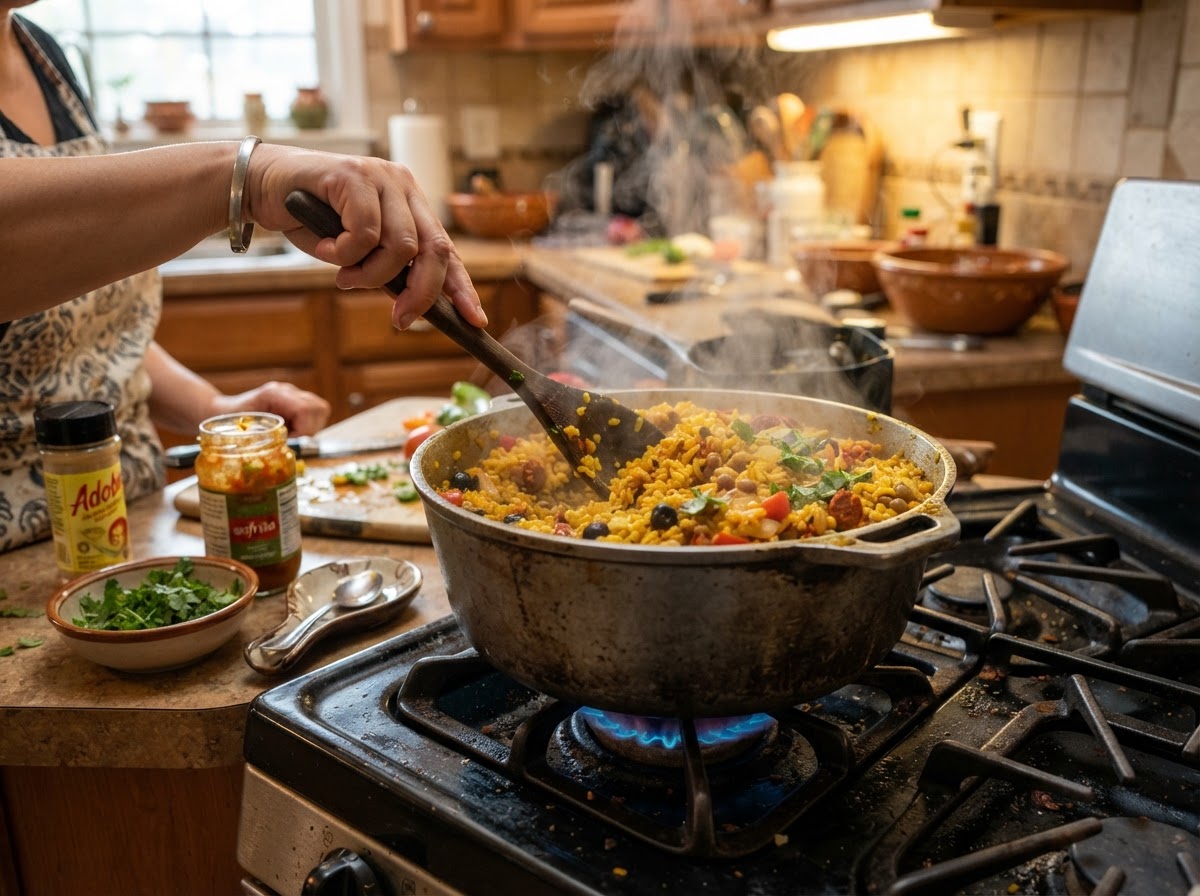 Puerto Rican arroz con gandules cooked with aromatic sofrito