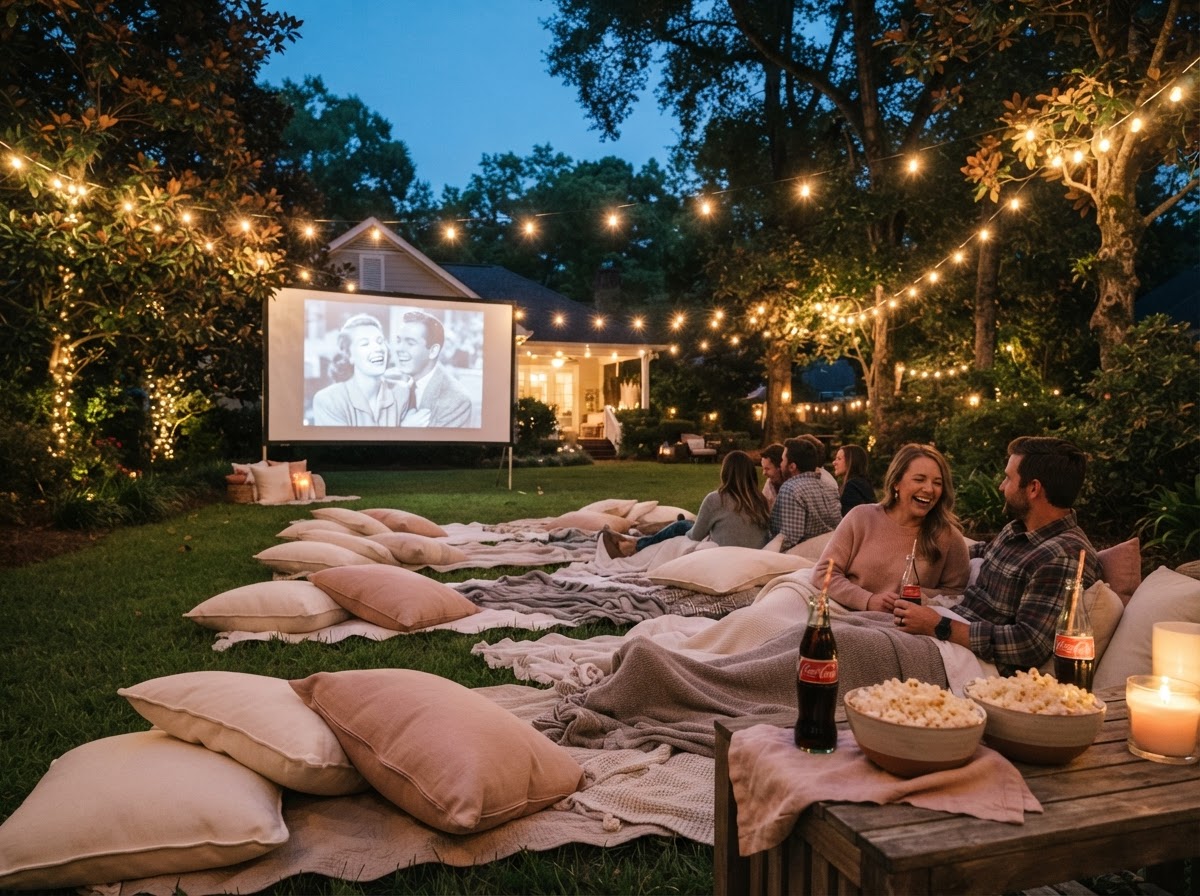 Backyard outdoor movie night with projection screen and warm string lights