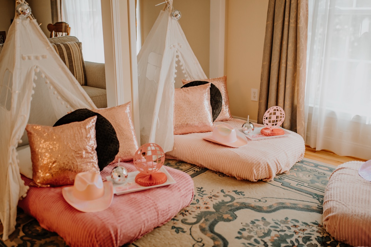Individual styled teepee bed with rose gold sequin pillow and themed tray