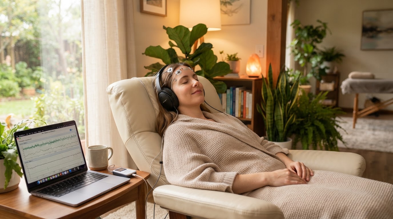 Client relaxing with NeurOptimal neurofeedback session at The Rooted Space