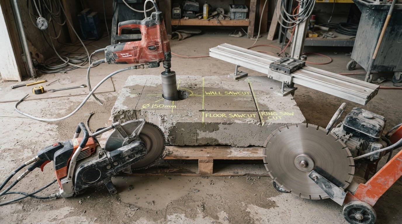 Concrete-cutting tools arranged to compare different methods