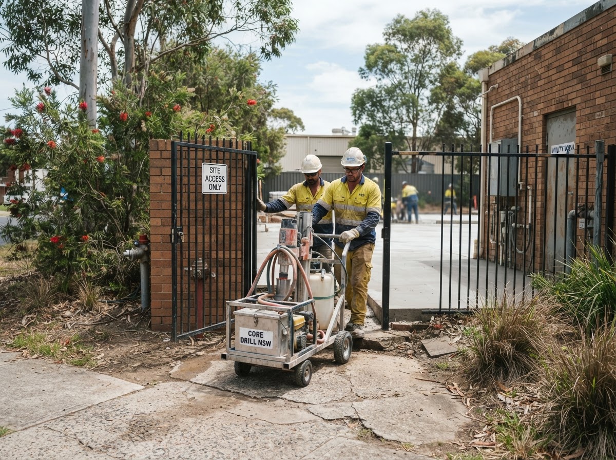Concrete-cutting equipment moving through a managed property access