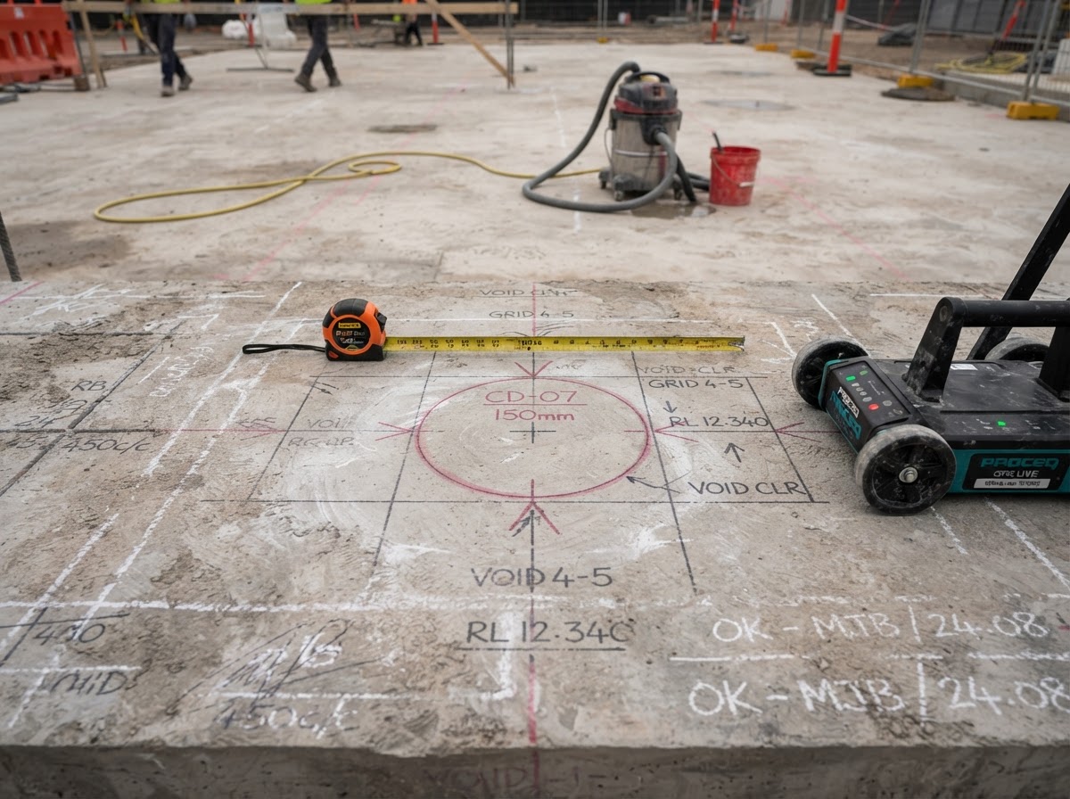 Marked concrete slab with scan grid and core-hole set-out