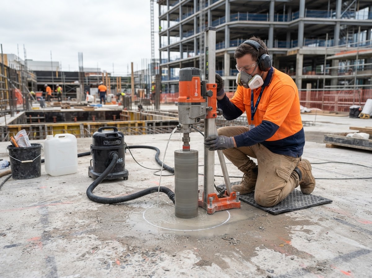 Core drill rig aligned over a marked service penetration
