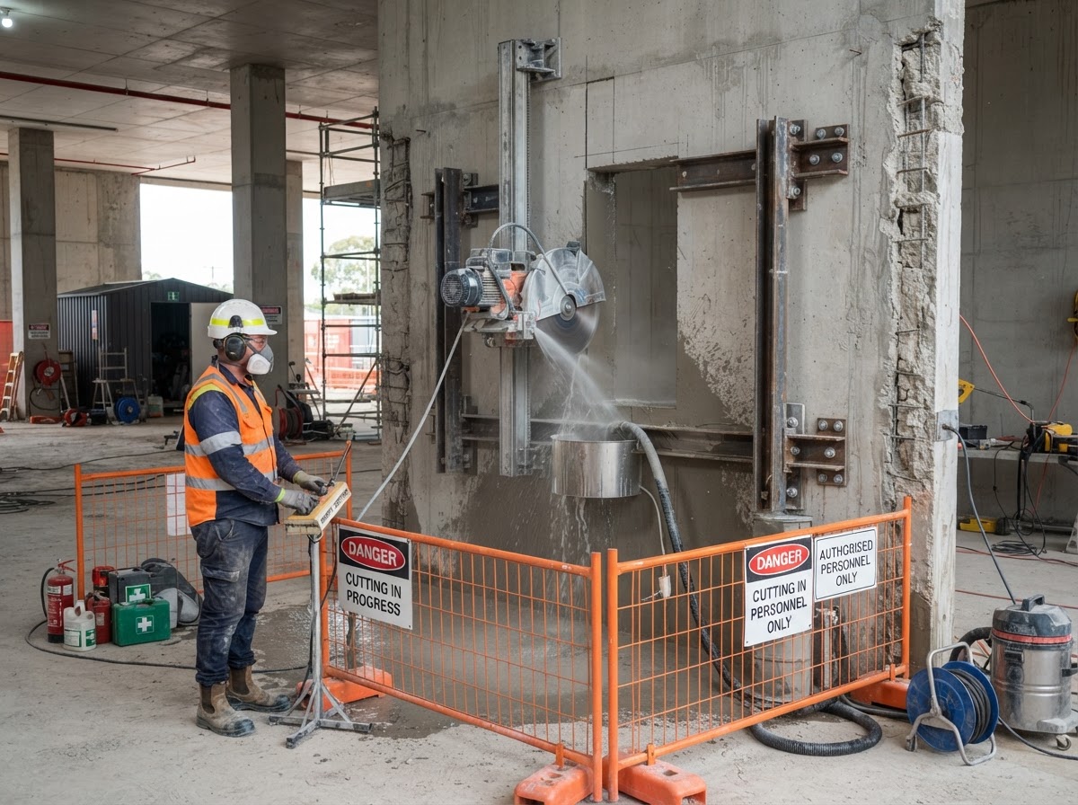 Track-mounted wall saw making a controlled concrete opening