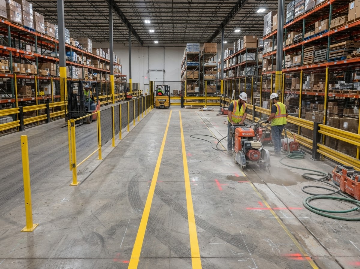 Parallel concrete trench lines prepared inside an operating warehouse