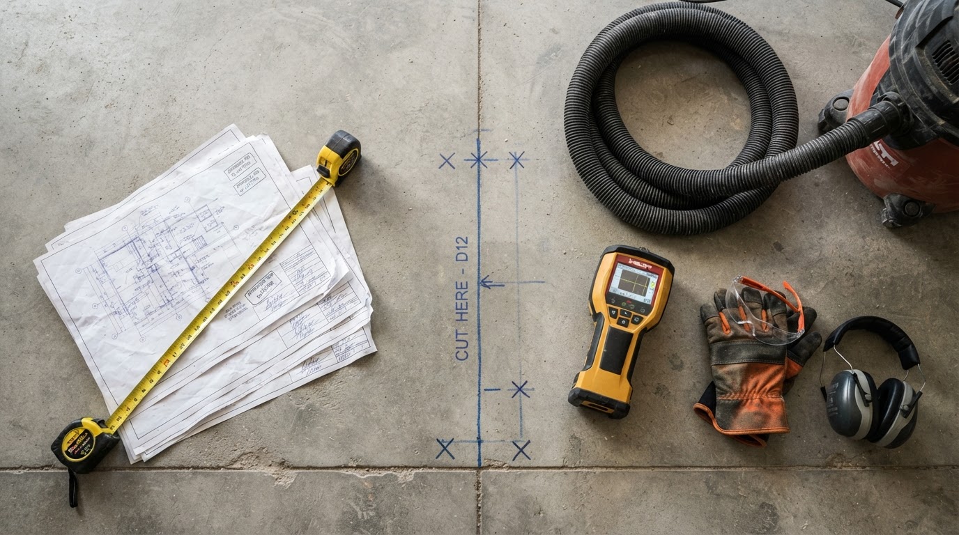 Pre-cut planning with measurements, set-out, scanner and protective equipment