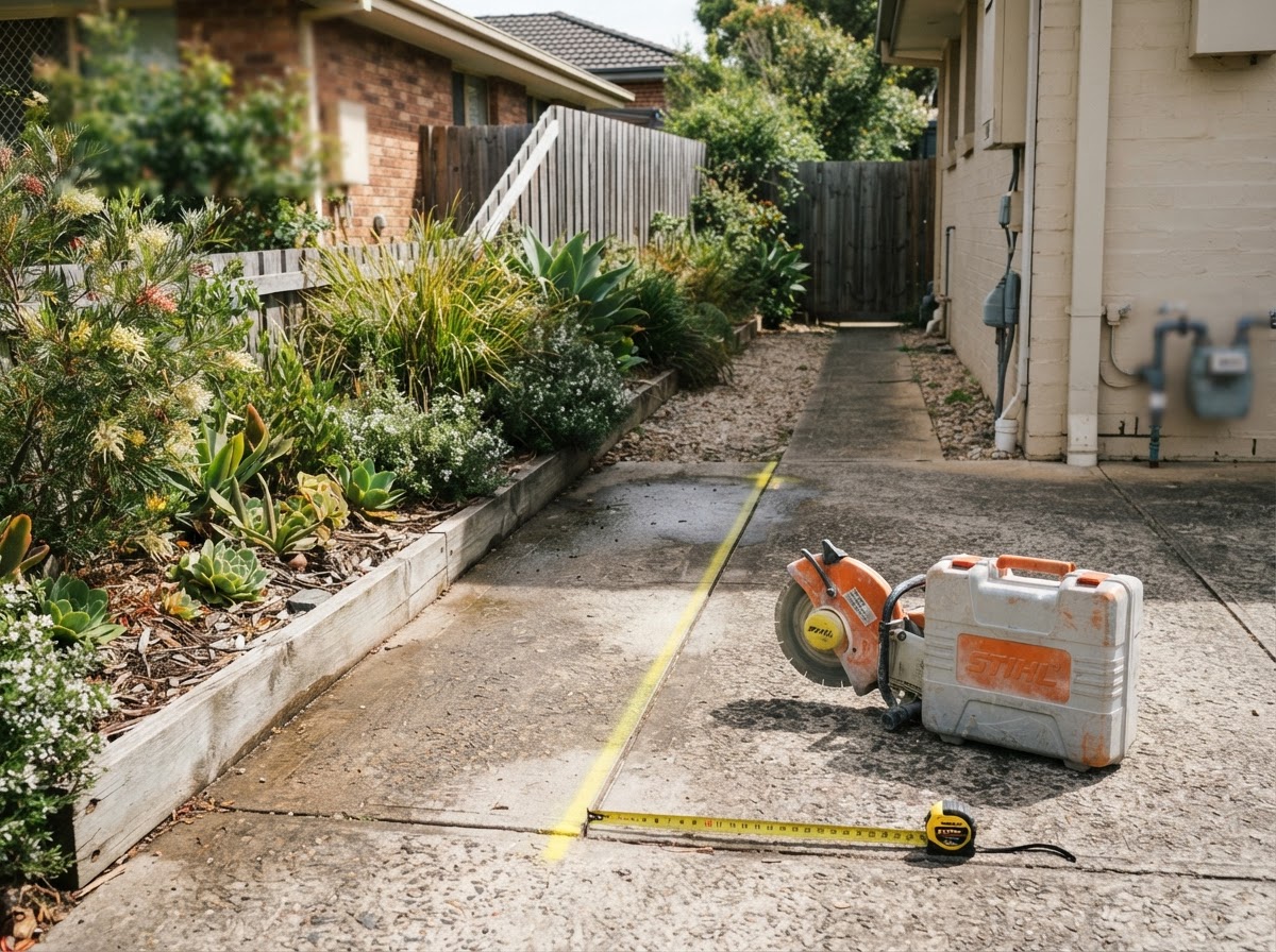 Marked driveway channel-drain line with protected residential access