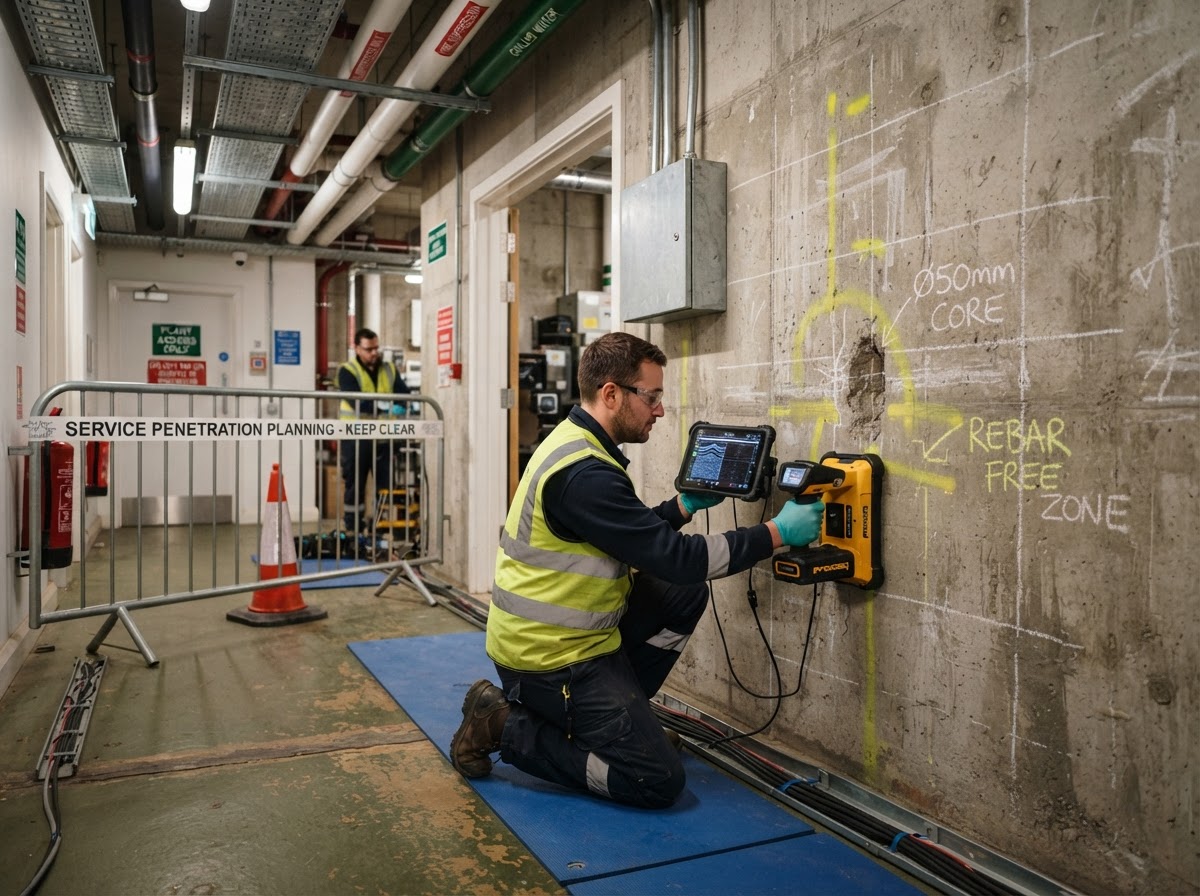 Marked concrete service opening in a protected occupied-building work area