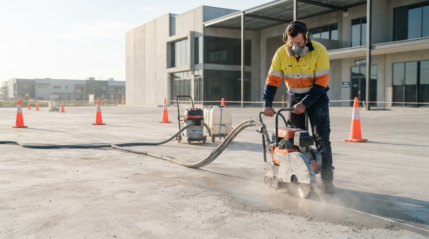 Water-suppressed concrete floor sawing along a marked slab line