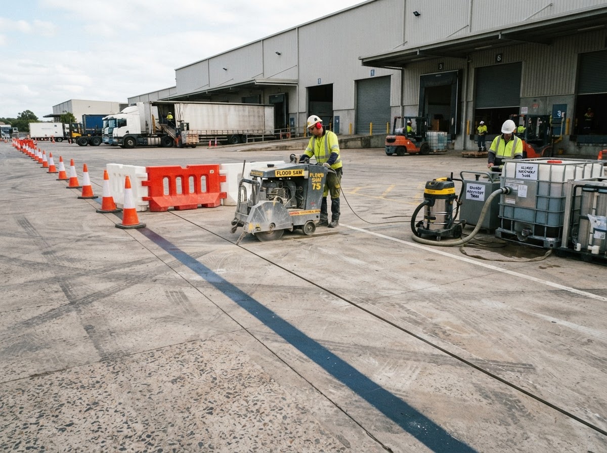 Concrete floor-saw work zone separated from industrial traffic