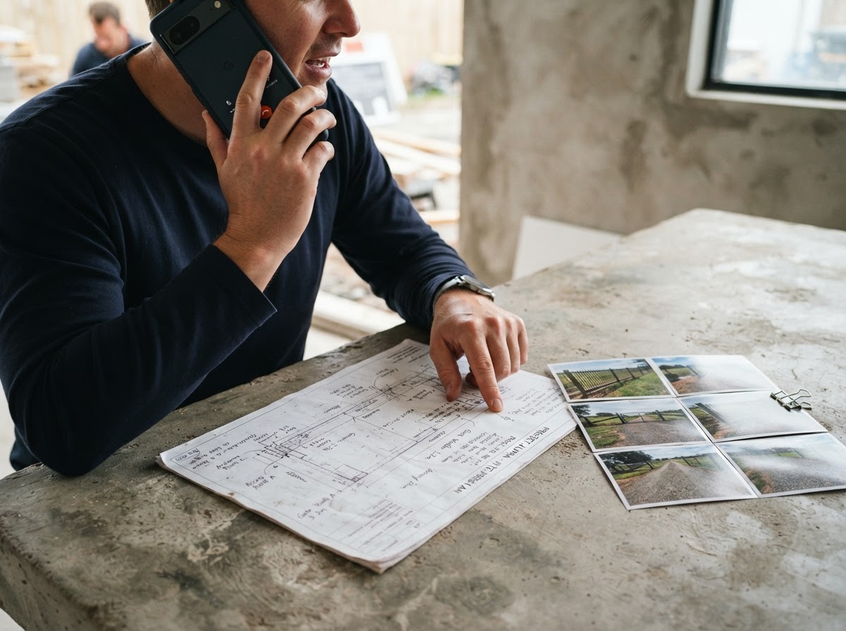 Person discussing concrete-cutting dimensions and access by phone