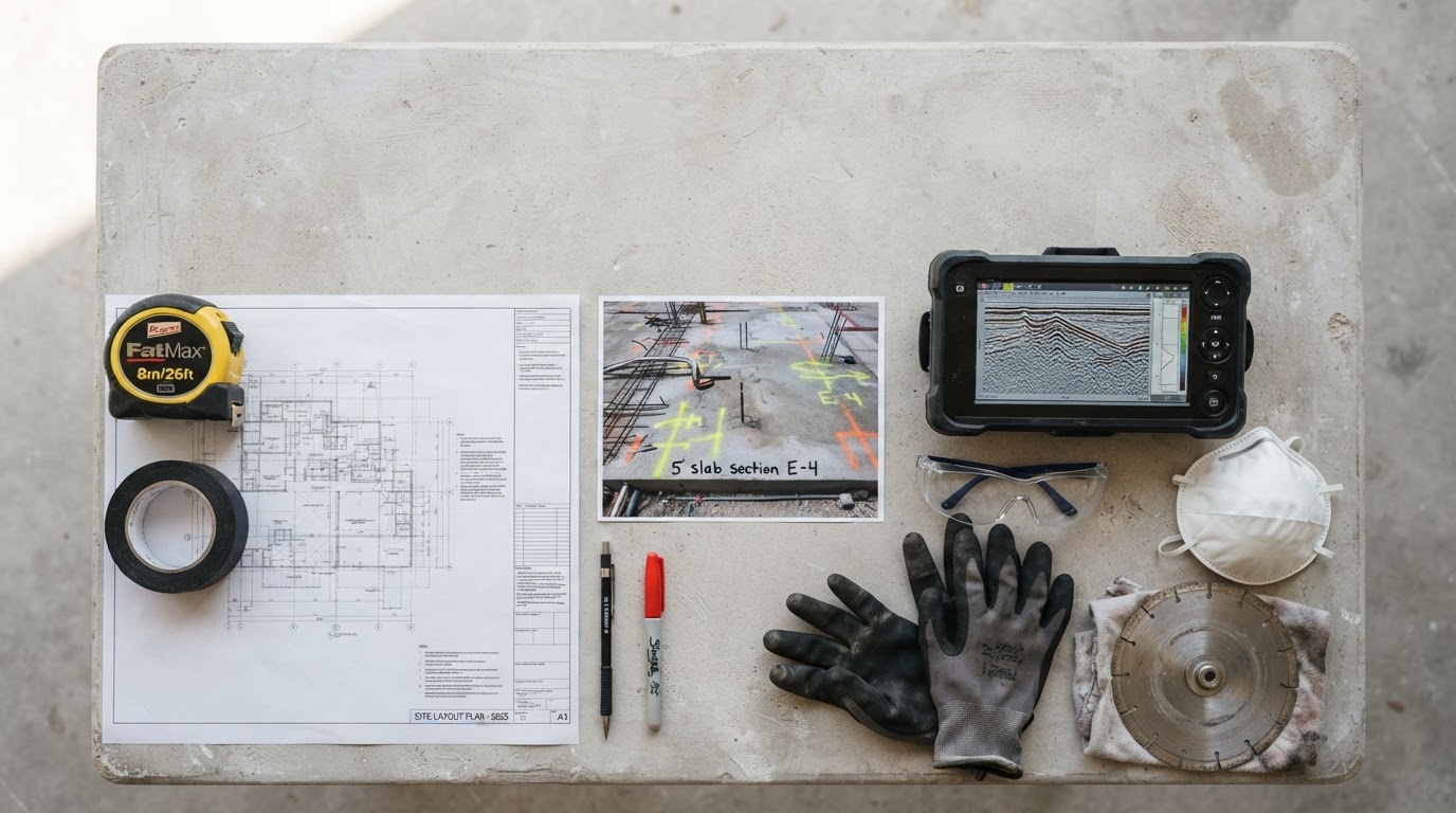 Concrete-cutting planning tools, drawings and protective equipment