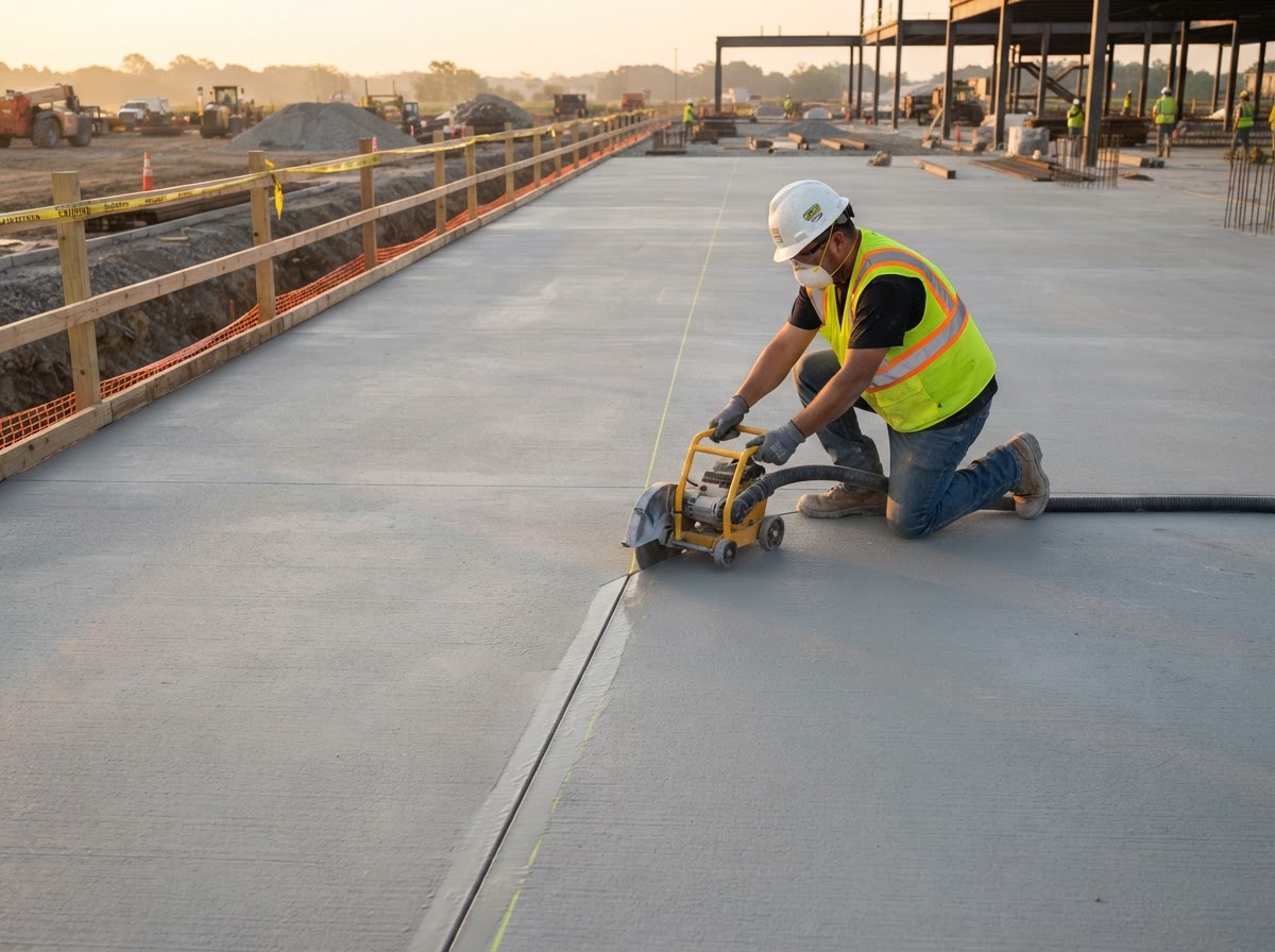 Early-entry saw forming a control joint in fresh concrete