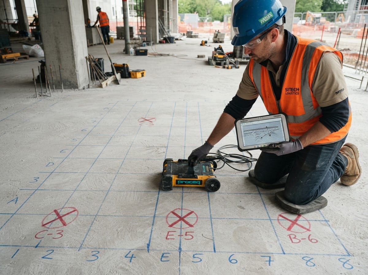 Ground-penetrating radar scanning a marked concrete slab