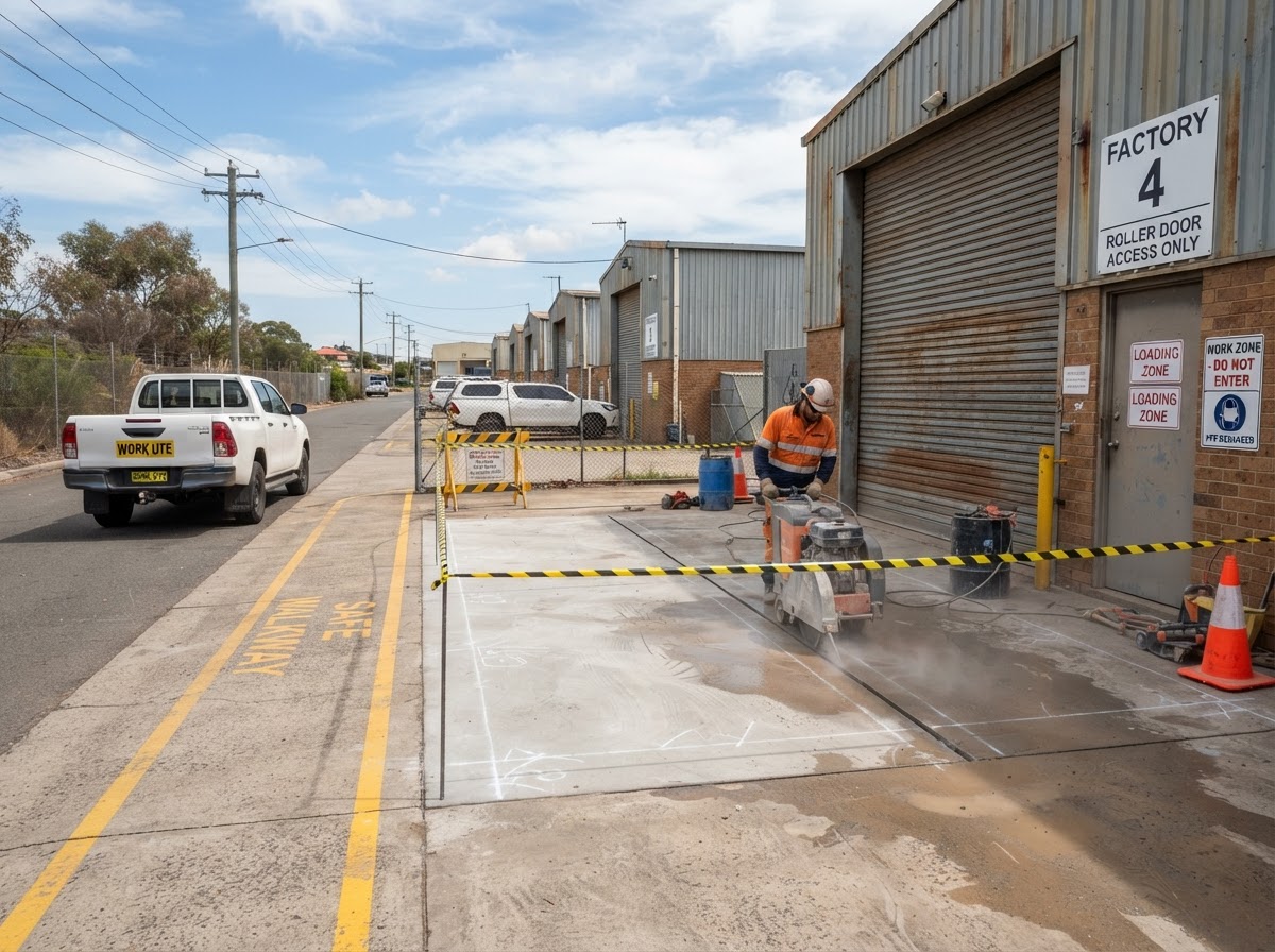Concrete-cutting setup beside a commercial loading area in a Western Sydney setting