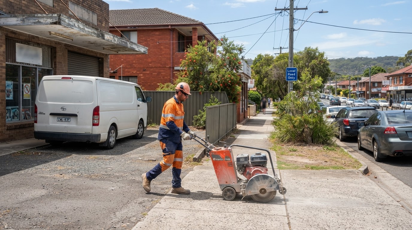 Concrete-cutting equipment being moved safely from vehicle access to a work area
