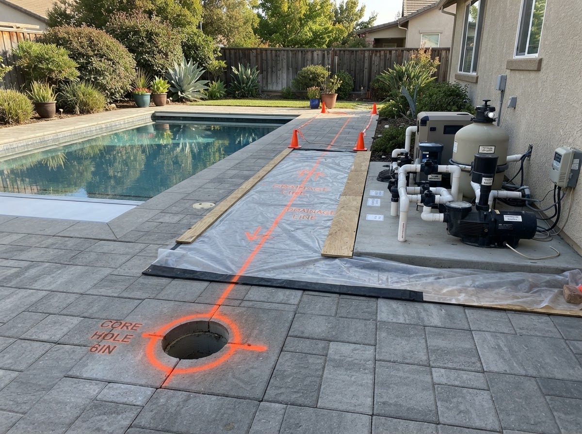 Protected patio and pool-area set-out for concrete cutting