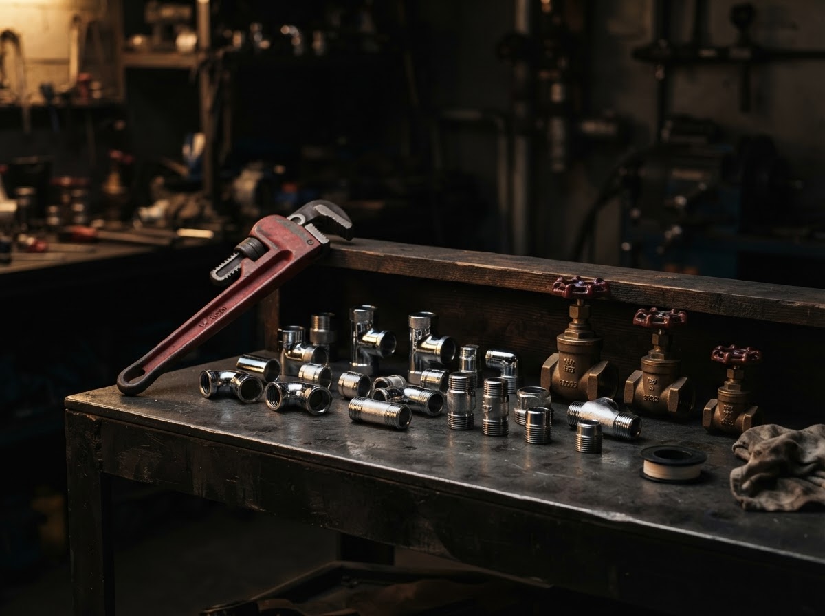 Chrome pipe fittings, brass valves, and a pipe wrench arranged on a workbench