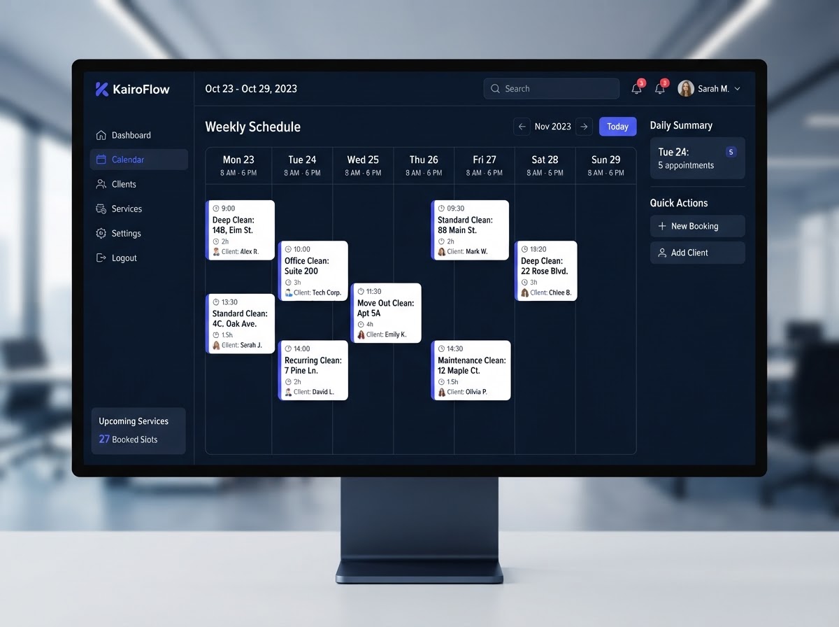 KairoFlow calendar showing booked cleaning appointments tracked in one place