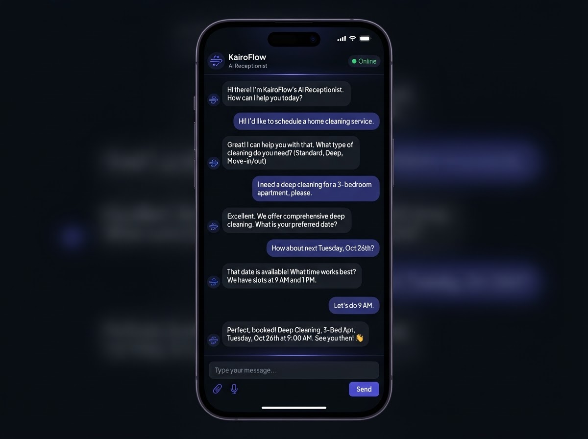 KairoFlow AI receptionist automatically responding to a cleaning enquiry and booking an appointment