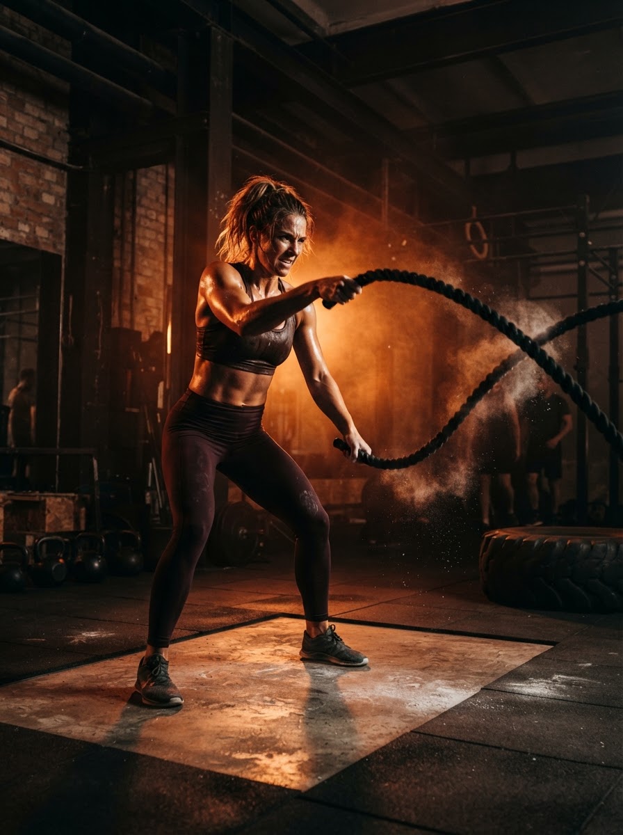 Athlete training with battle ropes
