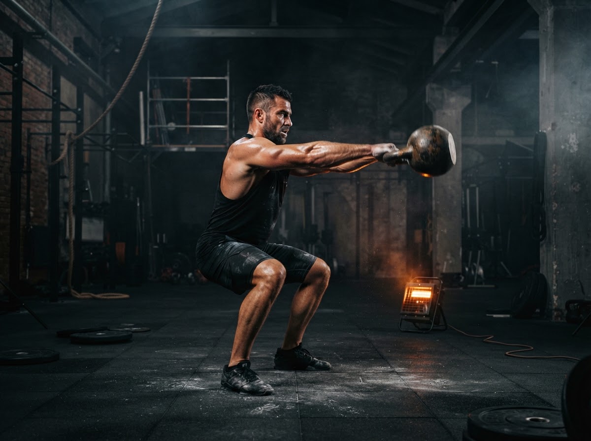 Athlete training with a kettlebell in a dark industrial gym