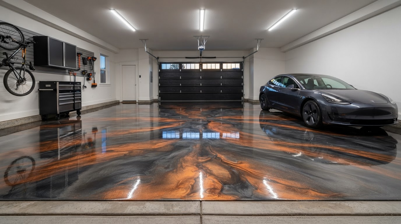 Glossy charcoal metallic epoxy garage floor installation