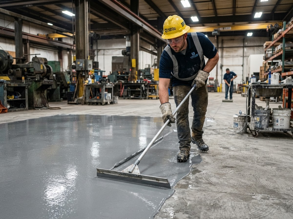 Precision Epoxy installer applying coating to concrete floor
