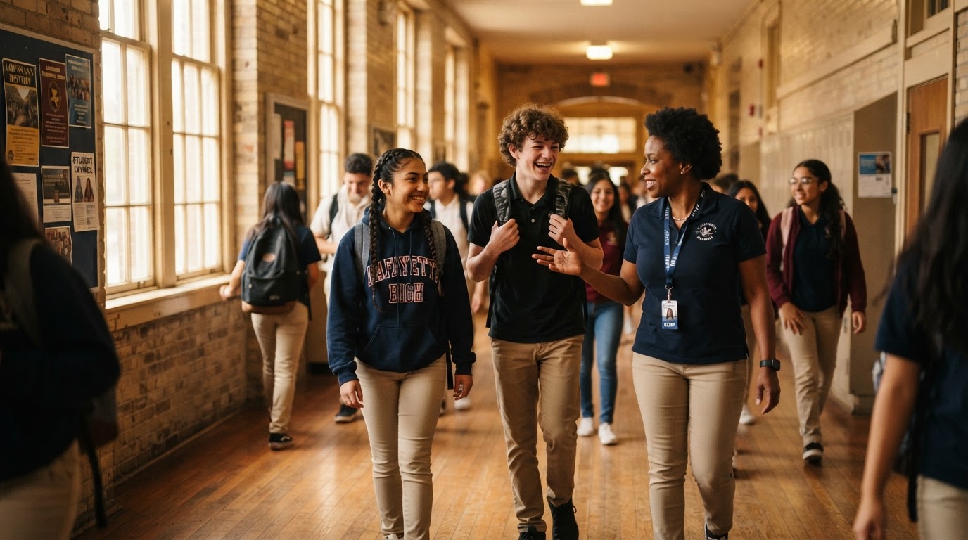 Students and school staff in a sunlit St. Landry Parish school hallway