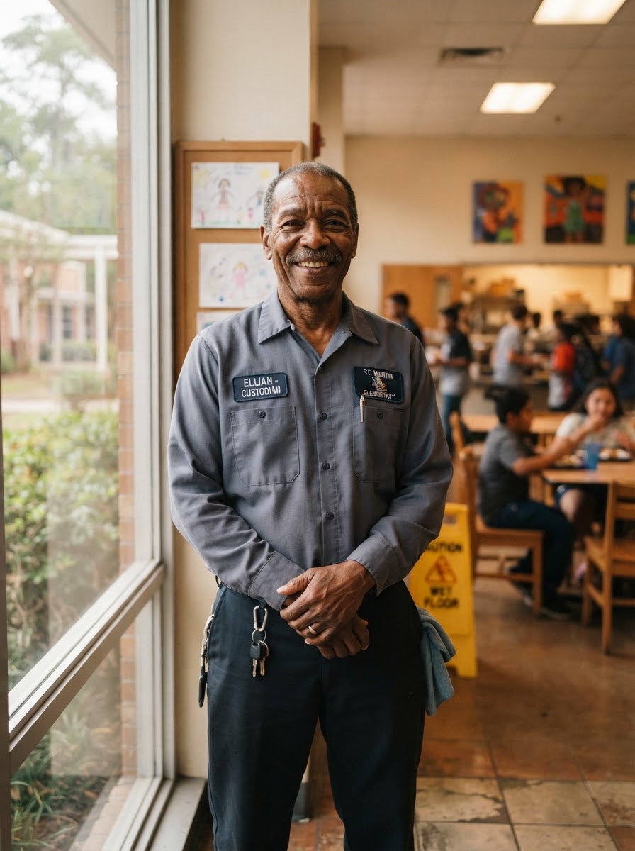 A school employee with a warm, humble smile