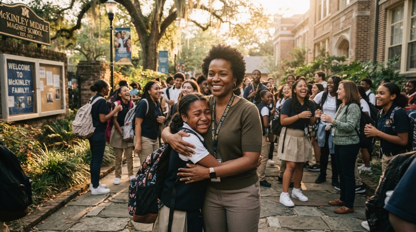 A Louisiana school community gathered together in warm light