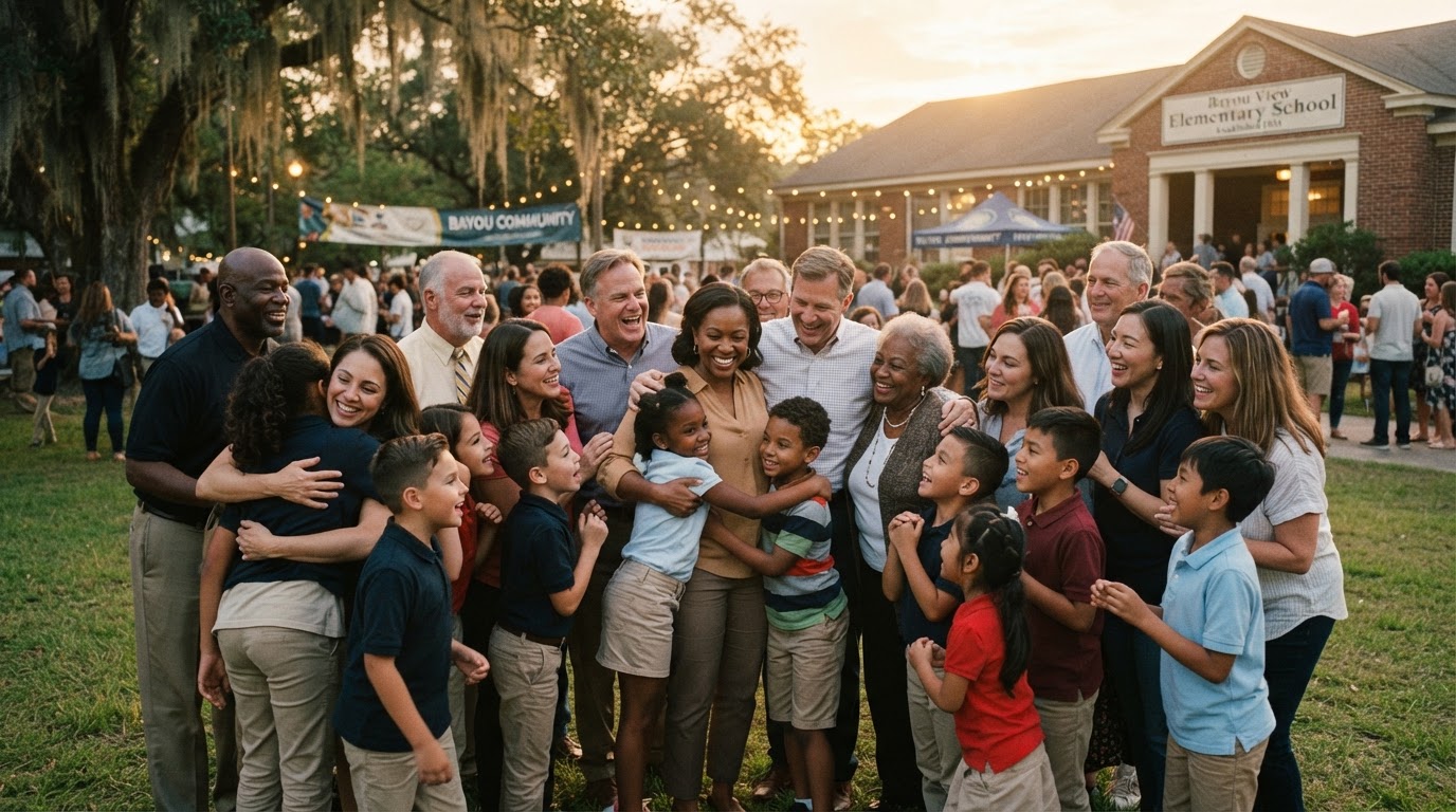 A Louisiana school community gathered together in warm light