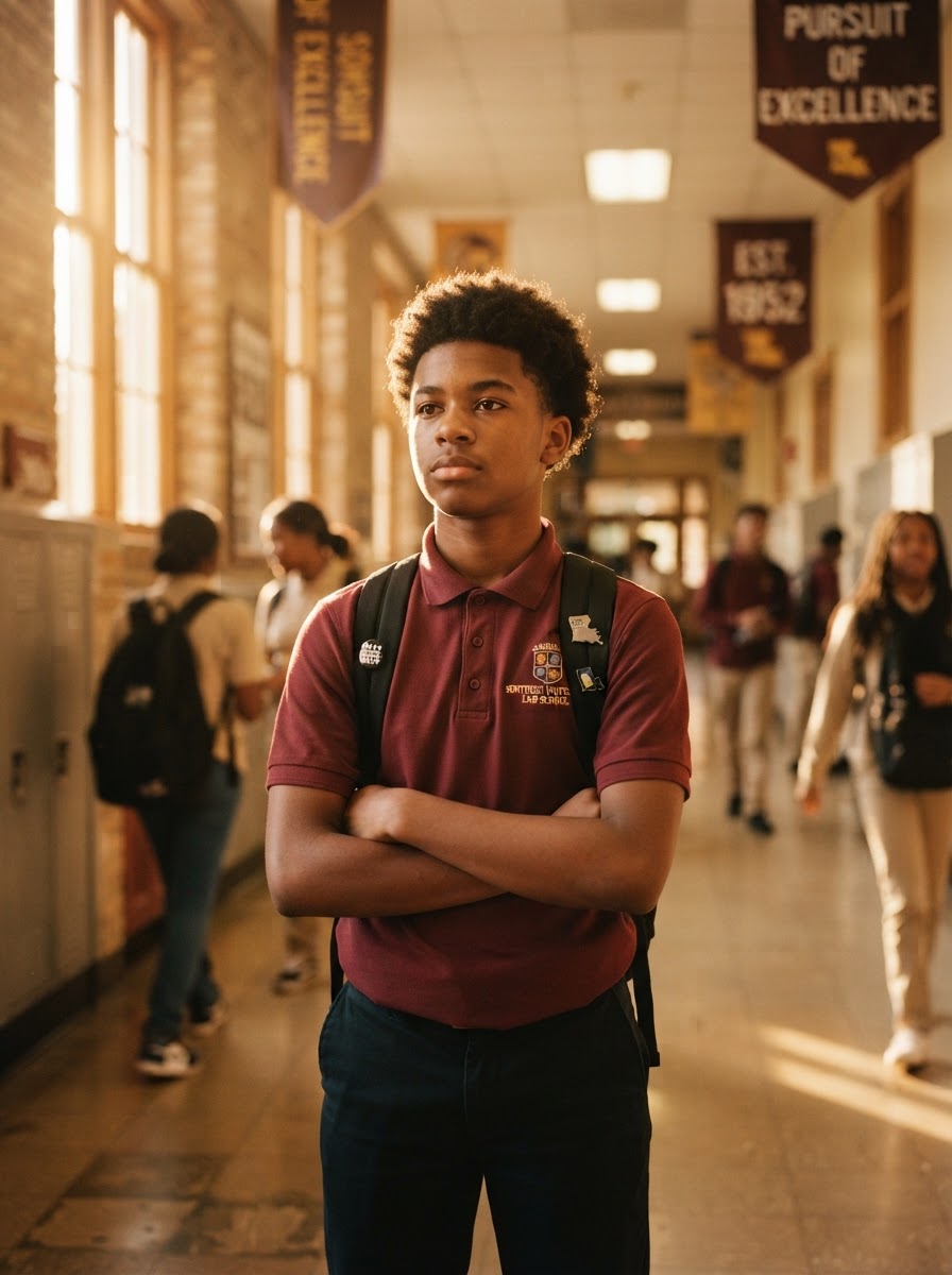 A confident student in a sunlit school corridor
