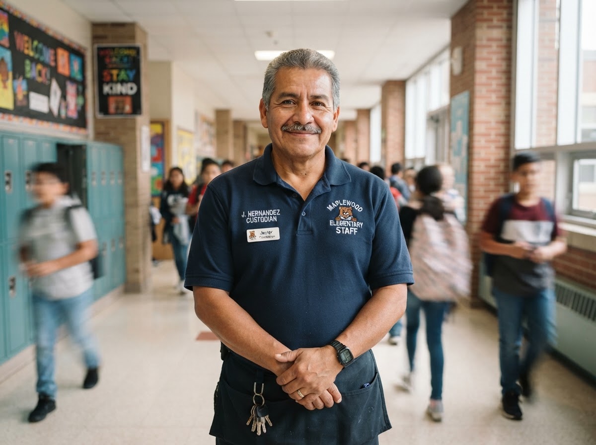 A school employee with a warm, humble smile